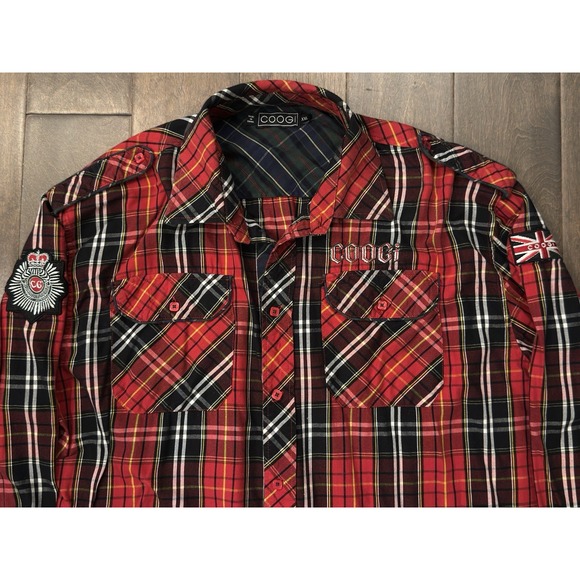 Coogi Button Down Shirt Plaid Cotton Size 2XL Red Black Pockets Logo Patches - Picture 1 of 9